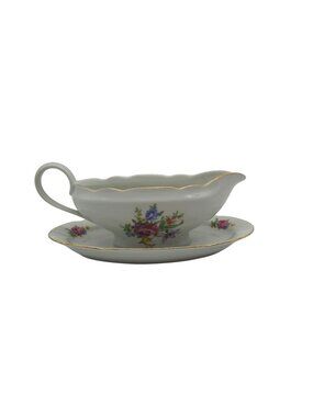 Vintage Genex Poland Gravy Boat Arrached Underplate Floral Gold Trim 8"